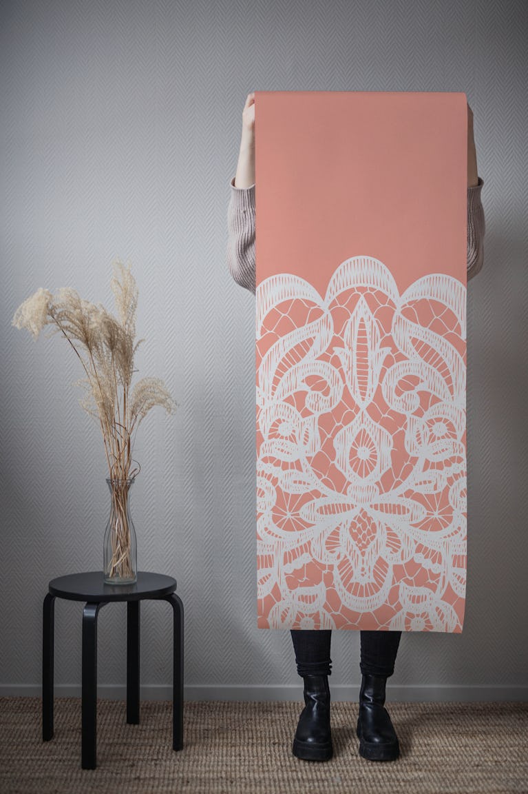 Coral Pink Classic White Lace wallpaper roll