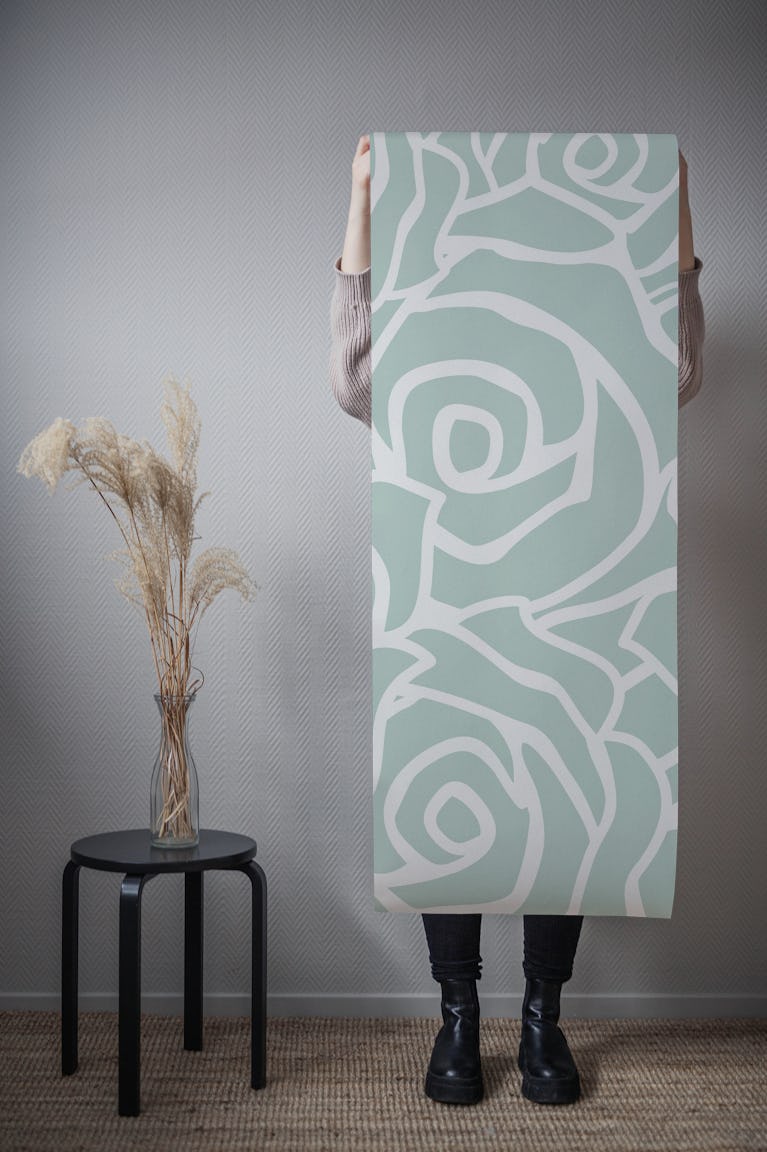 Mint Green White Rose Pattern wallpaper roll