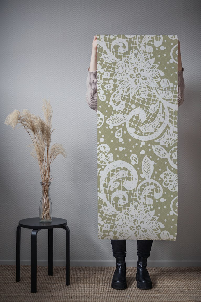 boho pastel green olive lace wallpaper roll