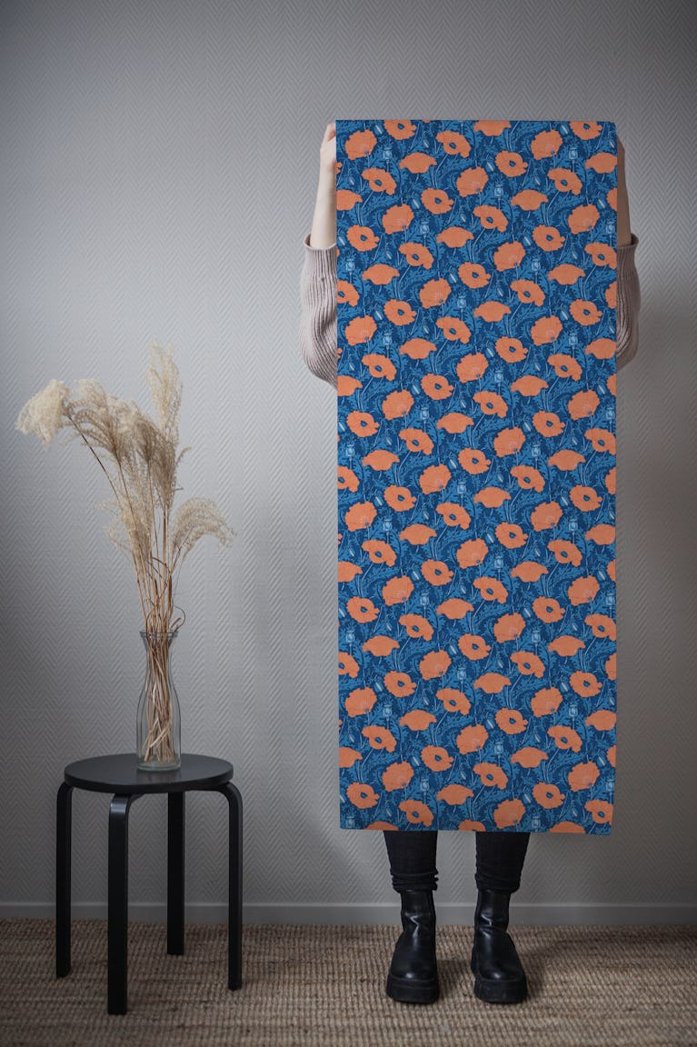 Poppies in orange cobal blue wallpaper roll