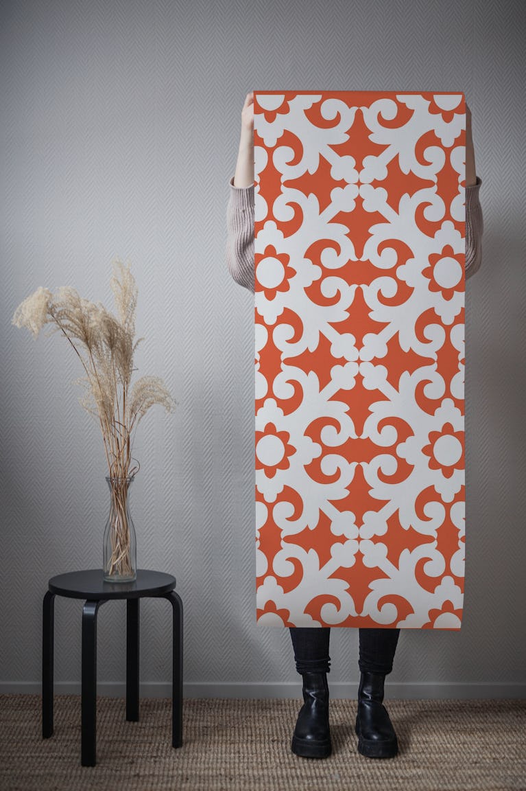 Brunt Orange White Mexican Art wallpaper roll