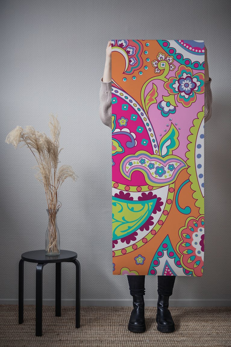 Paisley pink orange green L wallpaper roll