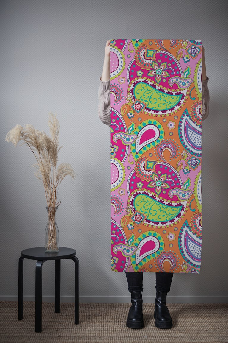 Paisley pink orange green S wallpaper roll