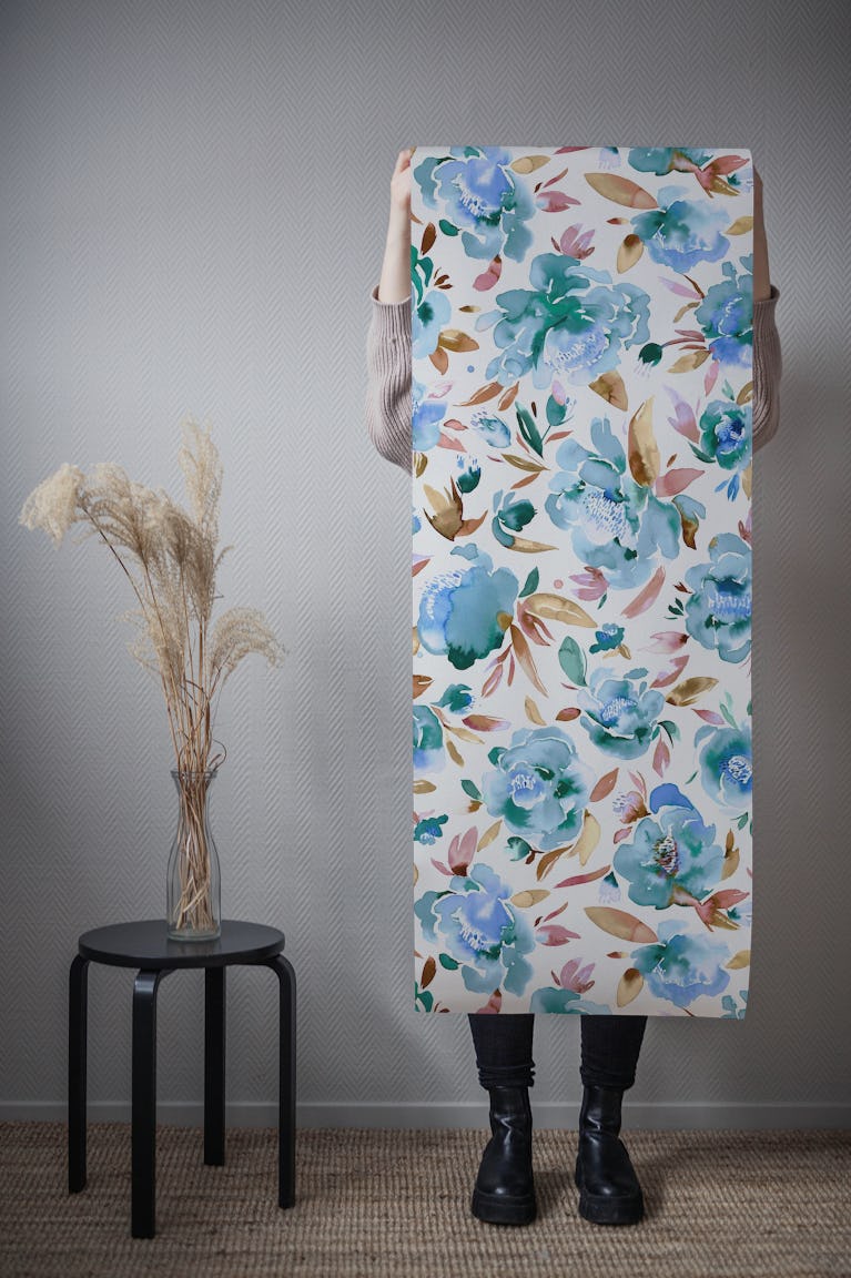 Watercolor Blue Peonies wallpaper roll