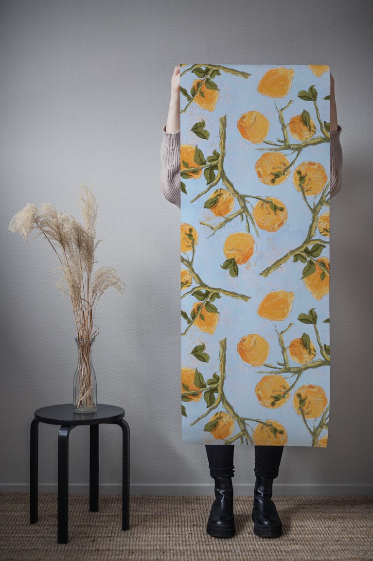 Lemon on blue wallpaper roll