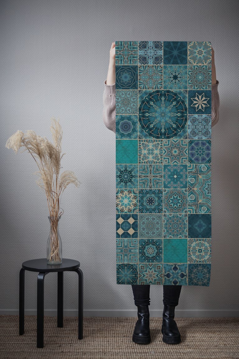 Azulejo Tiles Teal Gold wallpaper roll