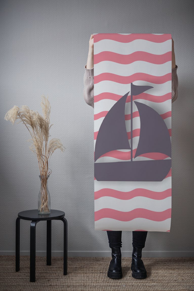 Pink White Ocean Boat wallpaper roll
