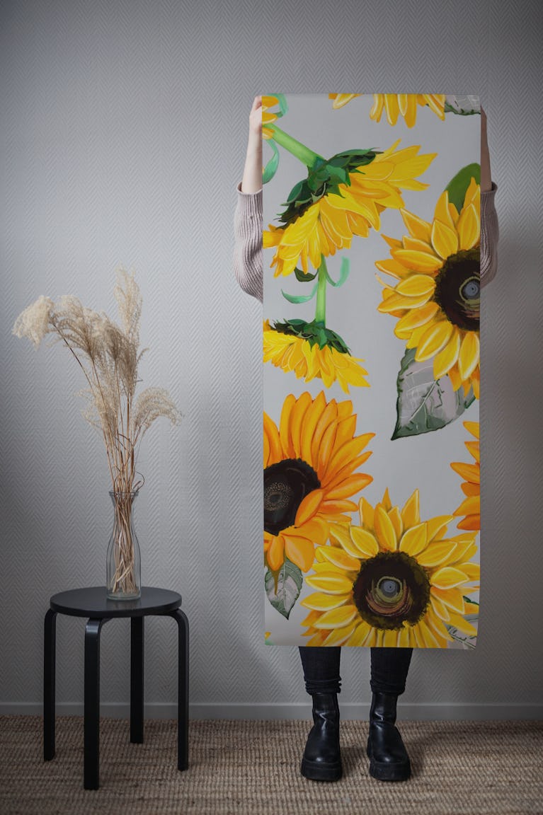 Sunflowers pattern grey wallpaper roll
