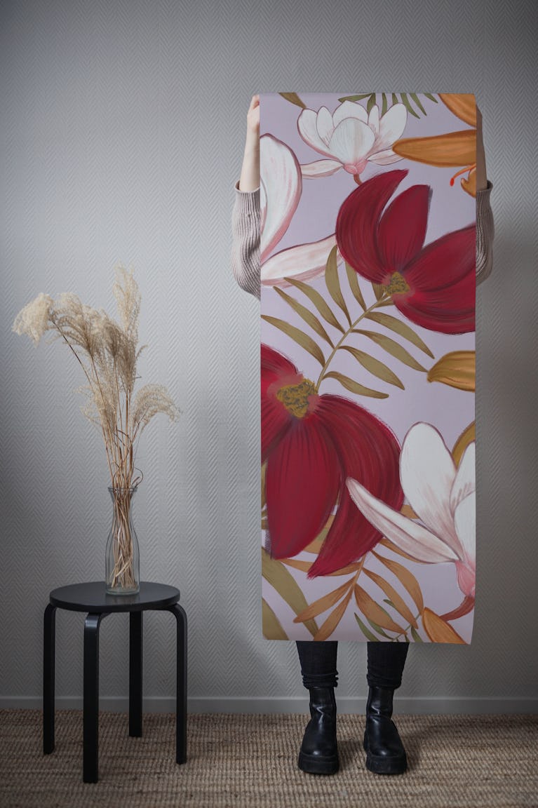 Oil paint tropical flowers wallpaper roll