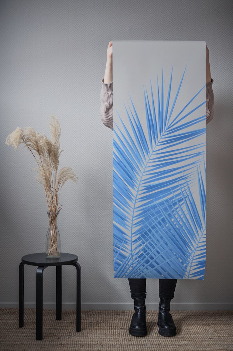Blue Silver Gray Palm Leaves 1 wallpaper roll