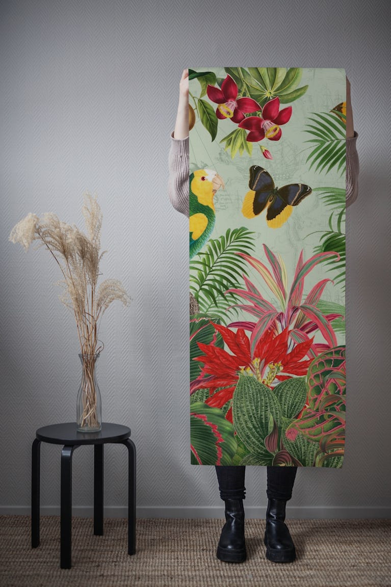 Vintage Rainforest With Tropical Colorful Parrots wallpaper roll