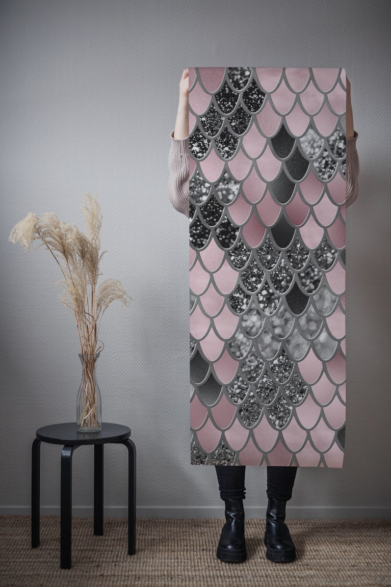 Blush Pink Silver Black Mermaid Scales Glam 1 wallpaper roll