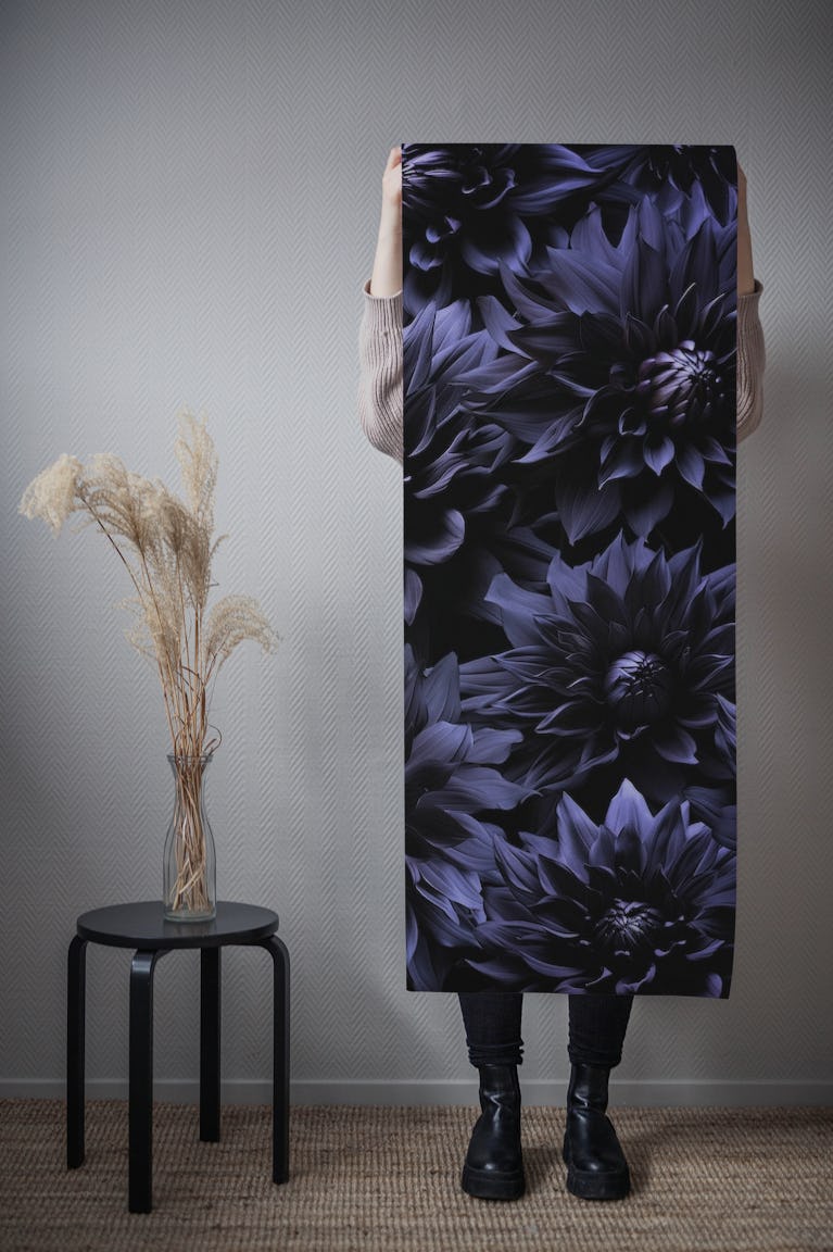 Opulent Moody Dark Blue Baroque Dahlias wallpaper roll