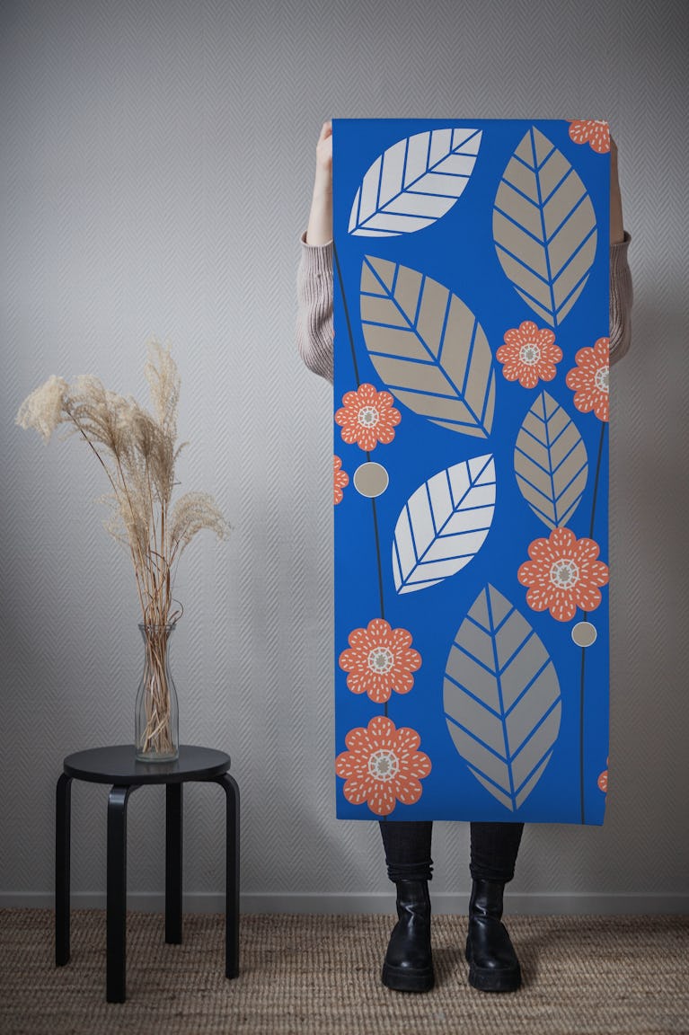 Navy blue flower leaves pattern wallpaper roll