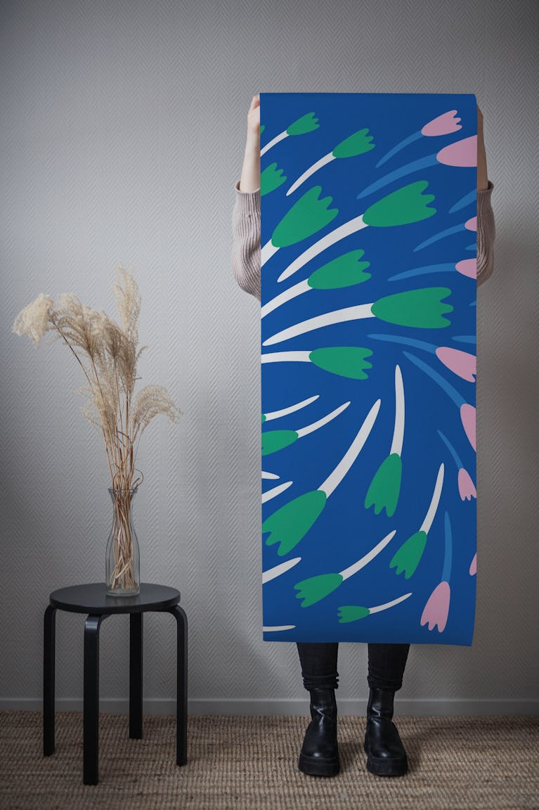 Cobalt Blue naive tulips pattern wallpaper roll