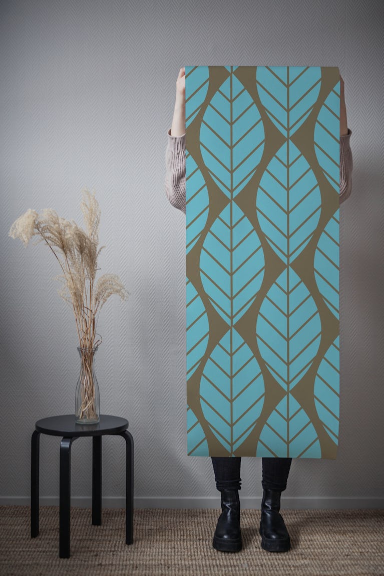Mocha Brown Aqua Leaves wallpaper roll
