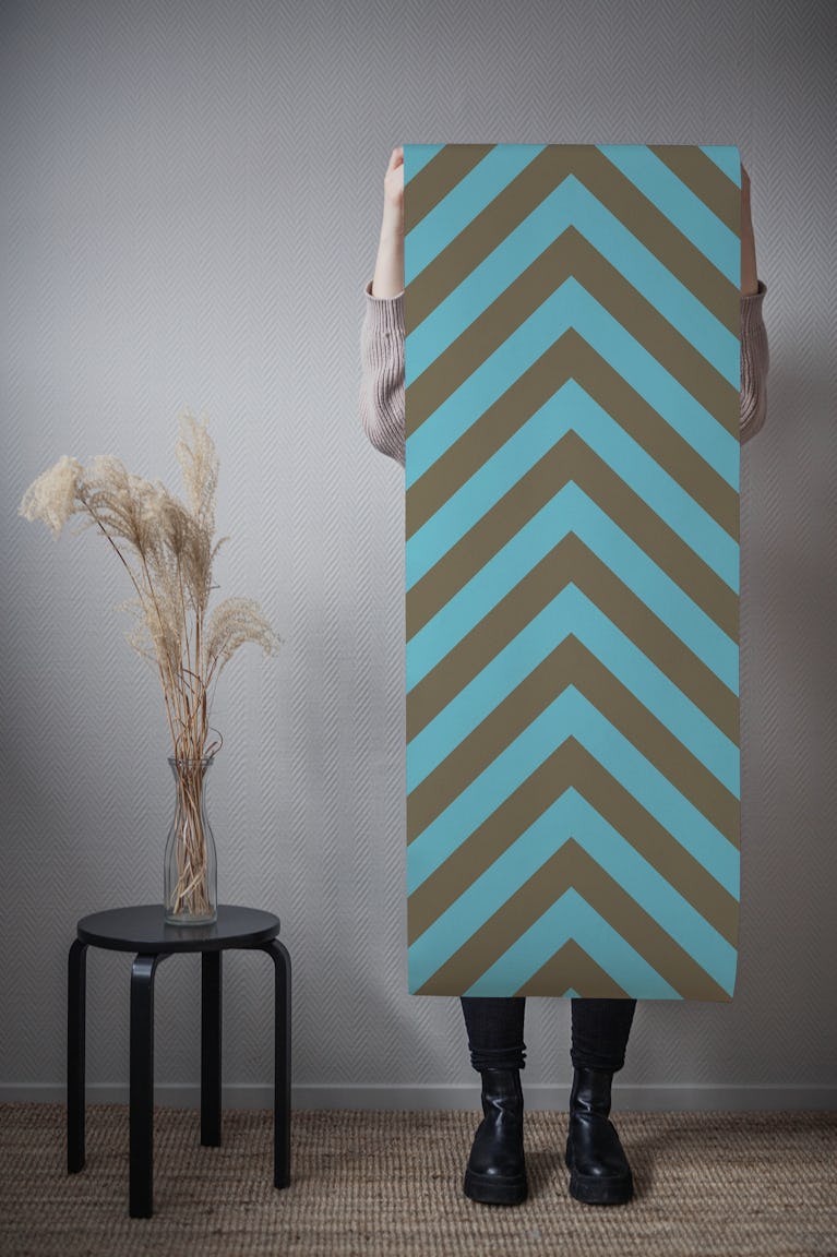 Chevron pattern in teal blue and beige brown wallpaper roll