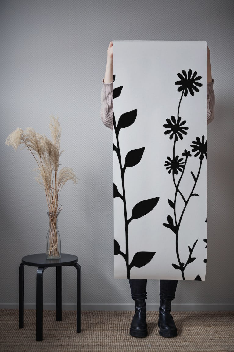 Delicate Wildflower Meadow Black White wallpaper roll