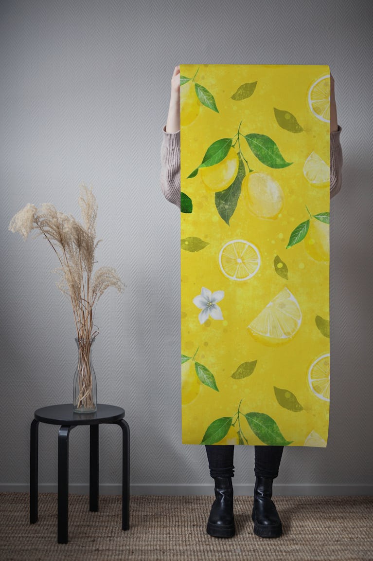 Lemon love on bright yellow wallpaper roll