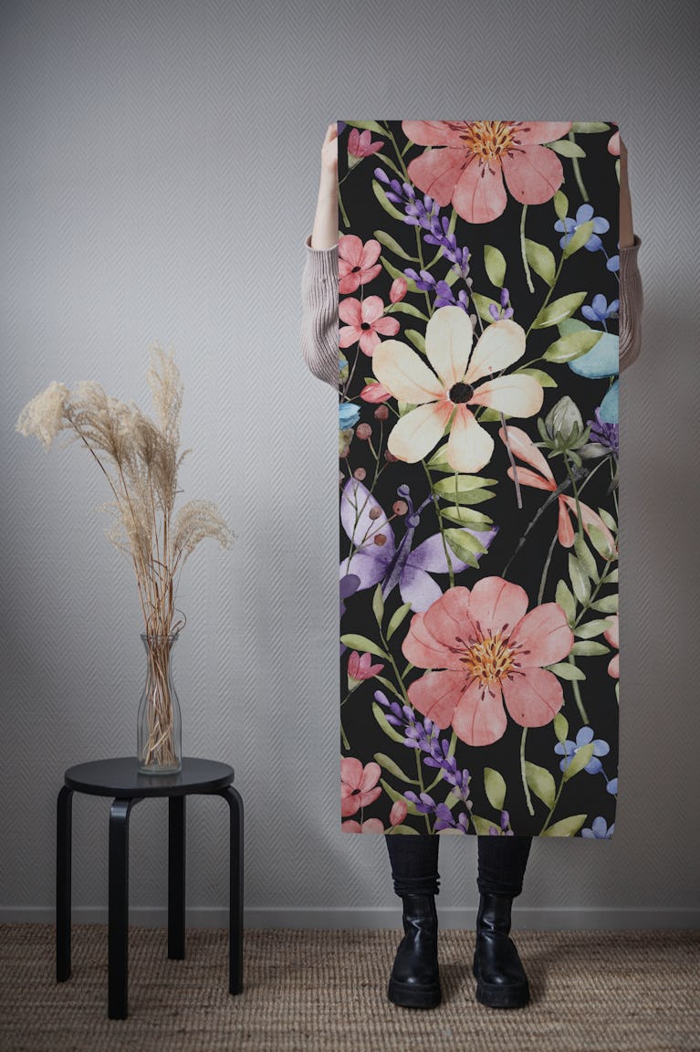 Majestic colofrul flower meadow on black wallpaper roll