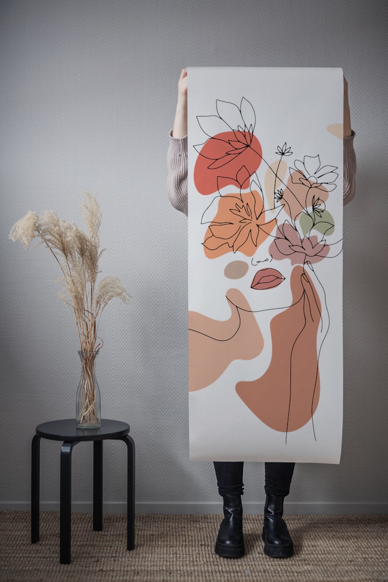 Line Art Woman With Flowers wallpaper roll