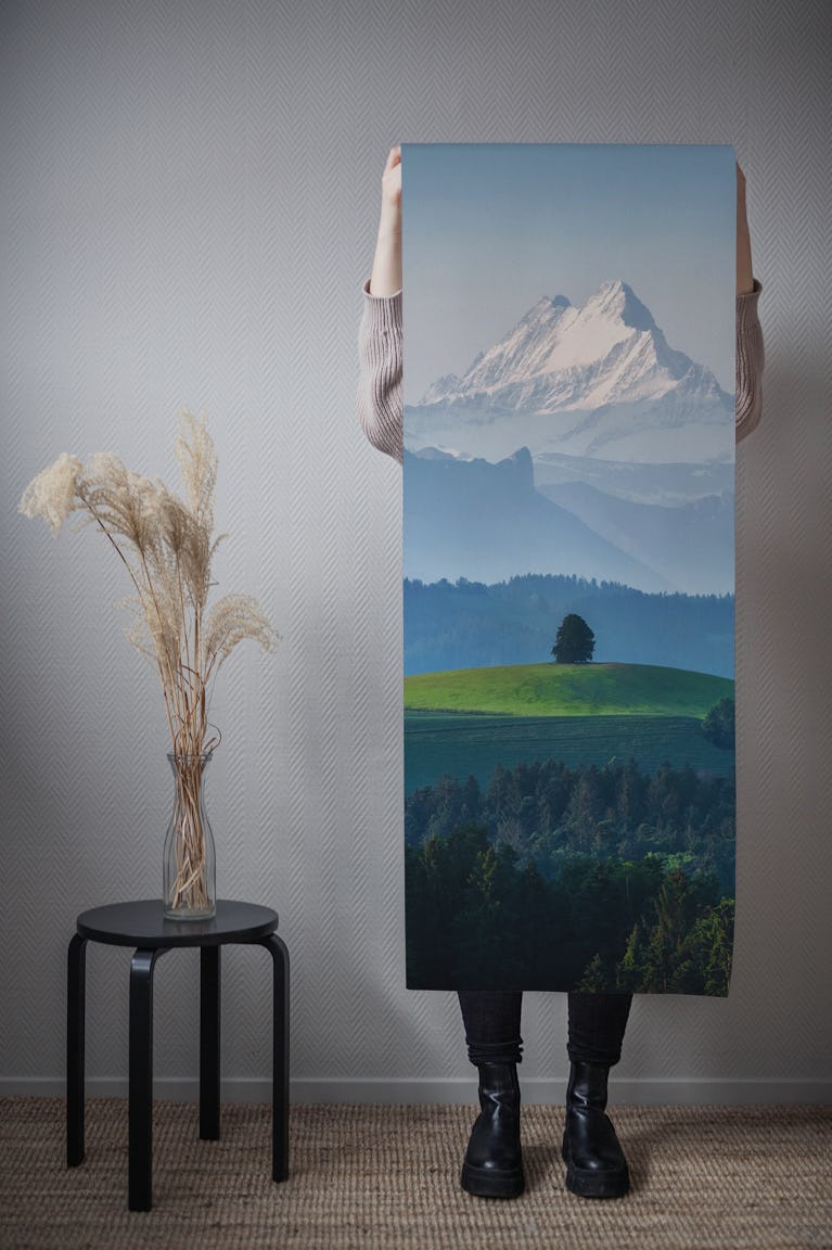 A single tree in front of the Swiss Alps wallpaper roll