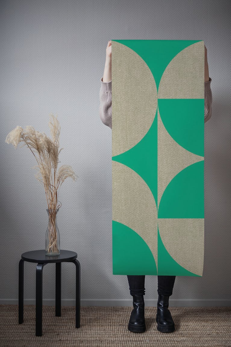 Mid-Century Muted Geo Green Beige wallpaper roll