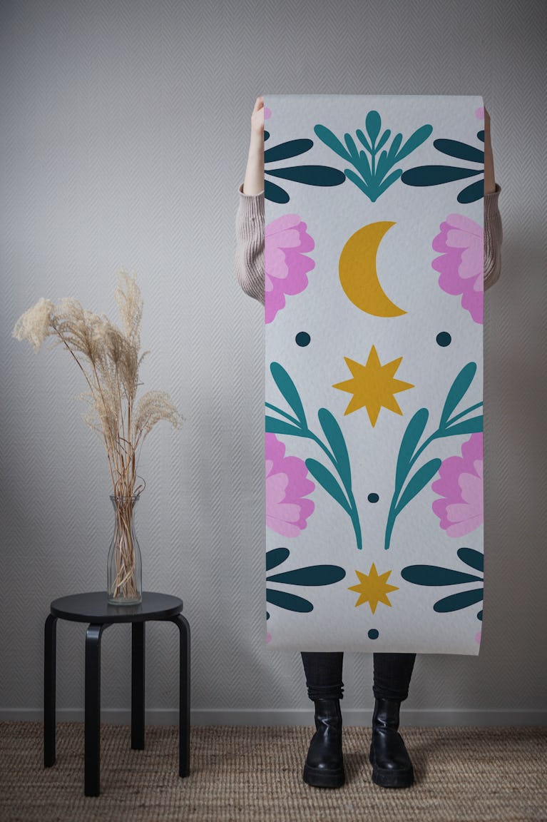 Stars, moon and flowers - pink and turquoise wallpaper roll