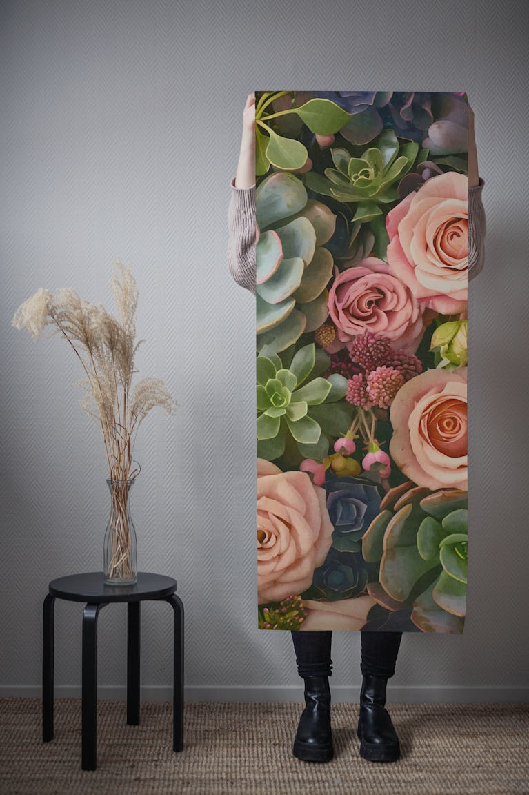Desert Floral Succulent Garden Peach Teal wallpaper roll