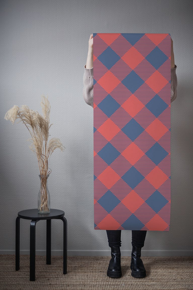 Magenta navy blue checked pattern wallpaper roll