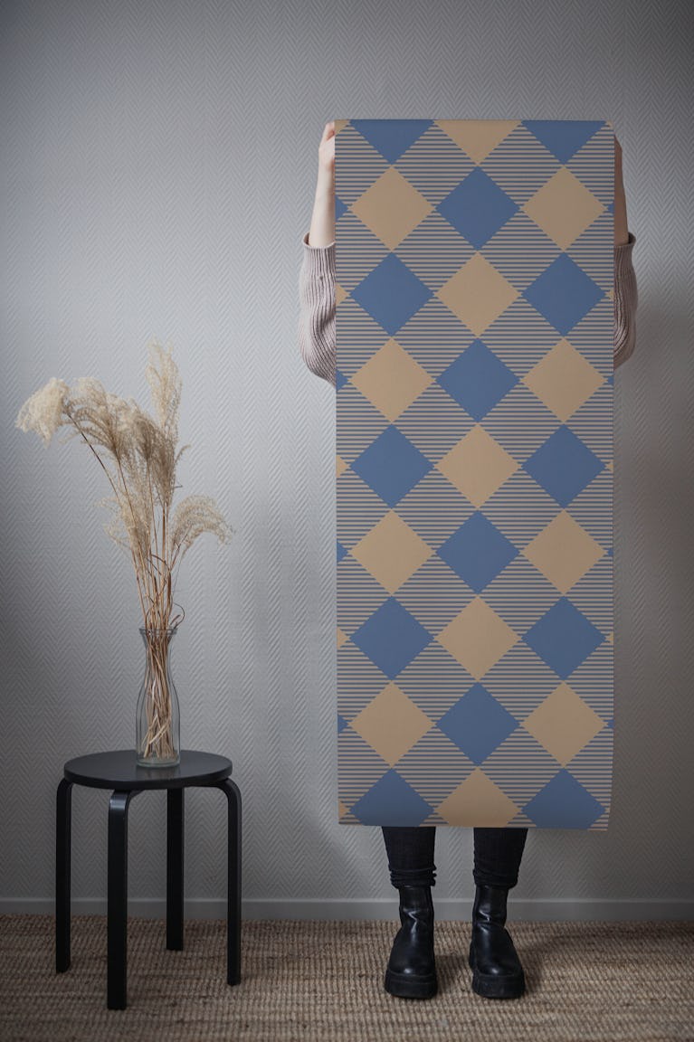 Gingham in taupe and navy blue wallpaper roll