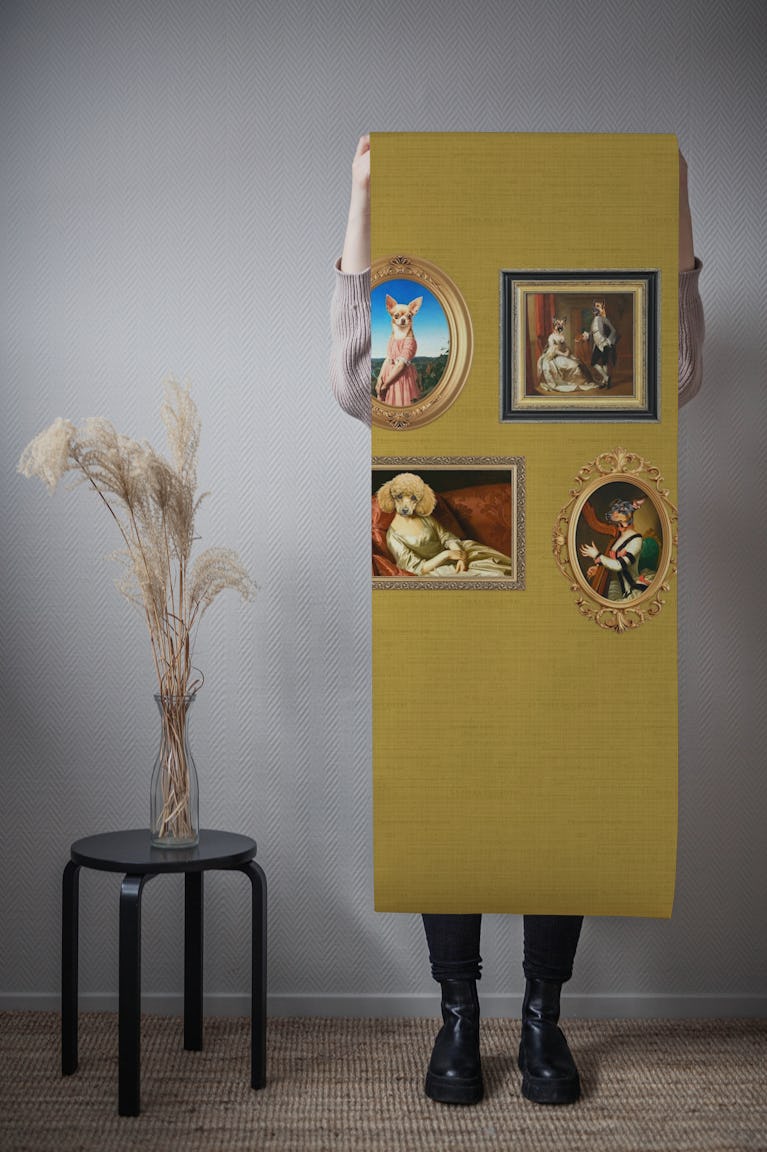 Dog Portraits Statement Wall in mustard wallpaper roll