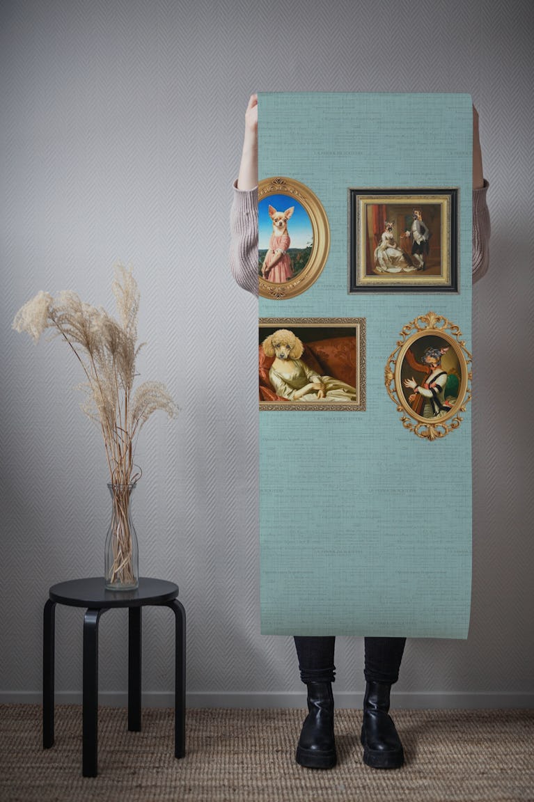 Dog Portraits Statement Wall in aqua blue wallpaper roll