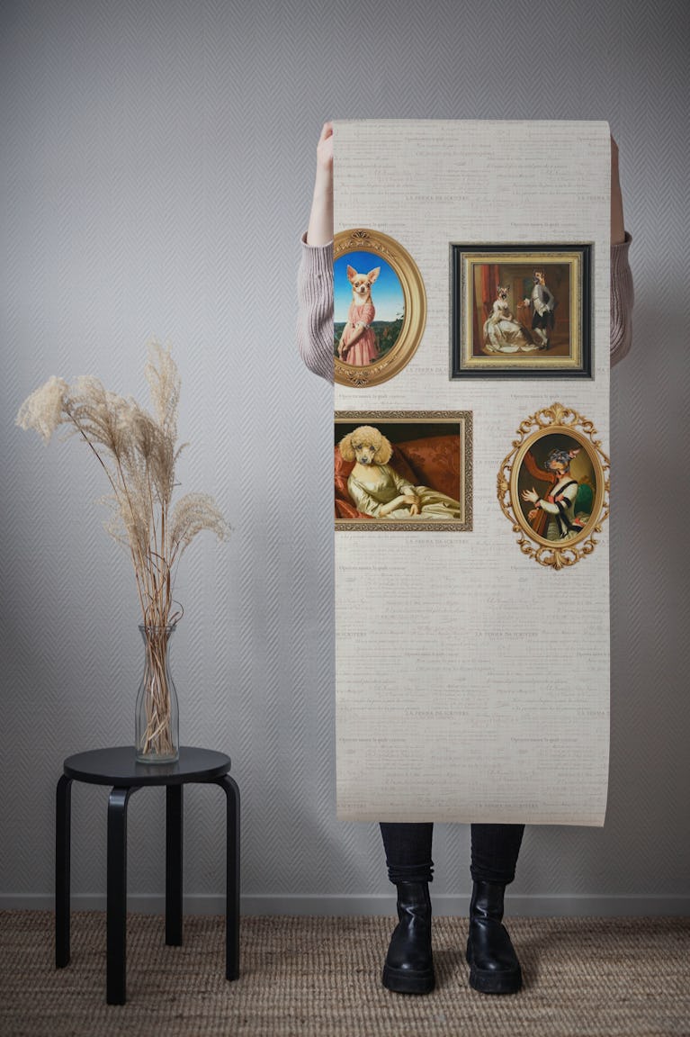 Dog Portraits Statement Wall in cream beige wallpaper roll