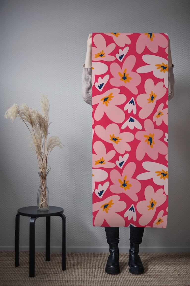 Dark Pink Retro Groovy Flowers Pattern wallpaper roll