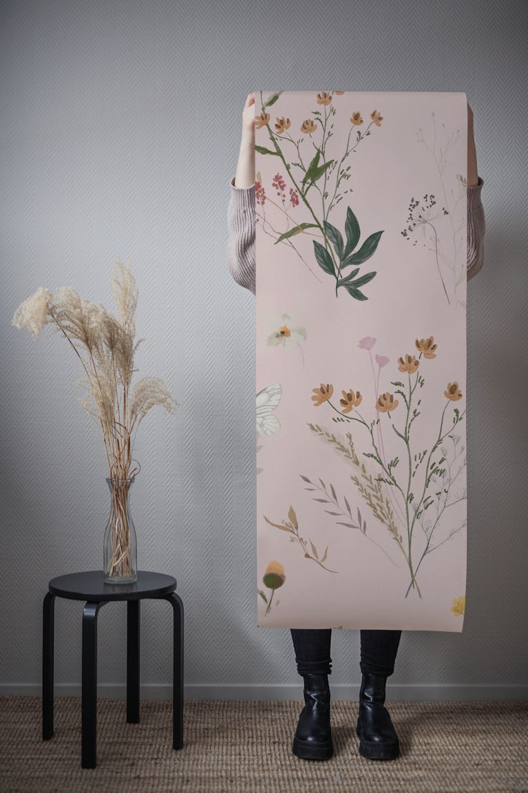 Elegant Wildflower Garden on Soft Pink wallpaper roll