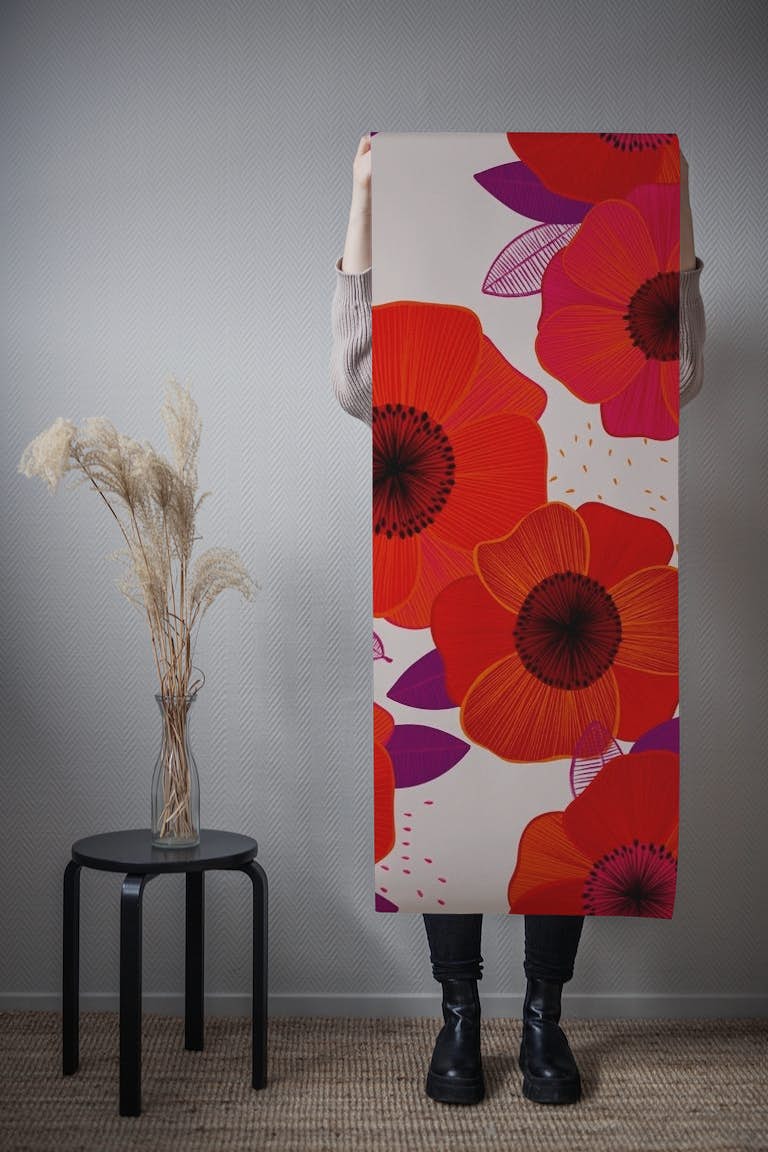 Hand-drawn Poppies behang roll
