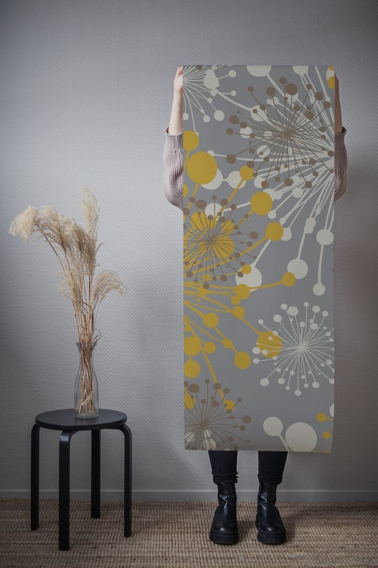 Dandelions grey mustard wallpaper roll