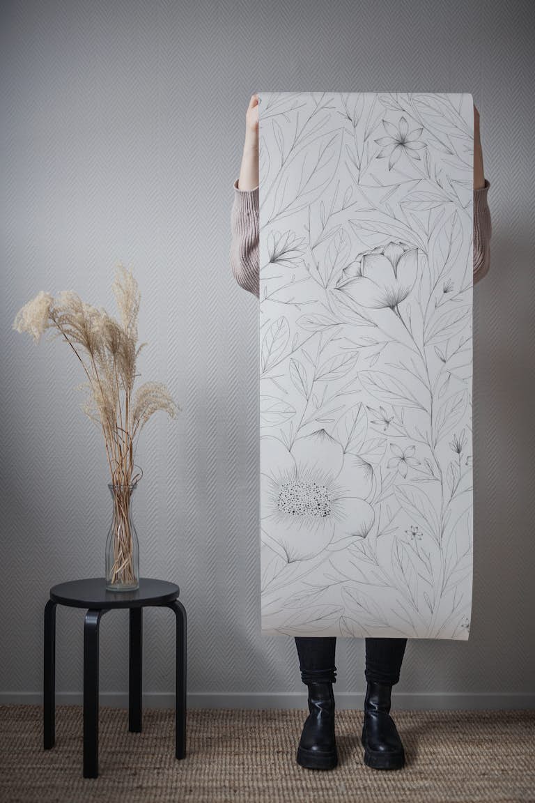 Monochrome floral papel de parede roll