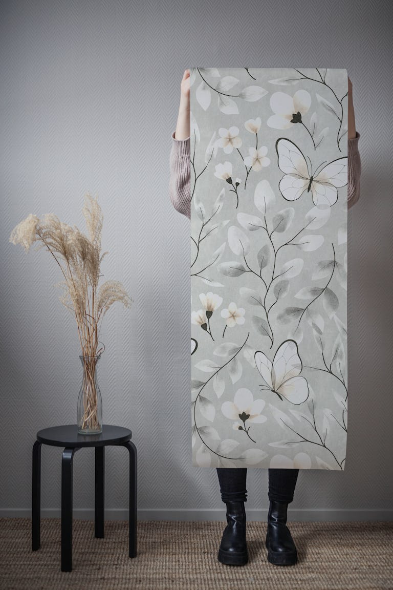 Delicate Butterfly Botanical in Neutral Taupe wallpaper roll