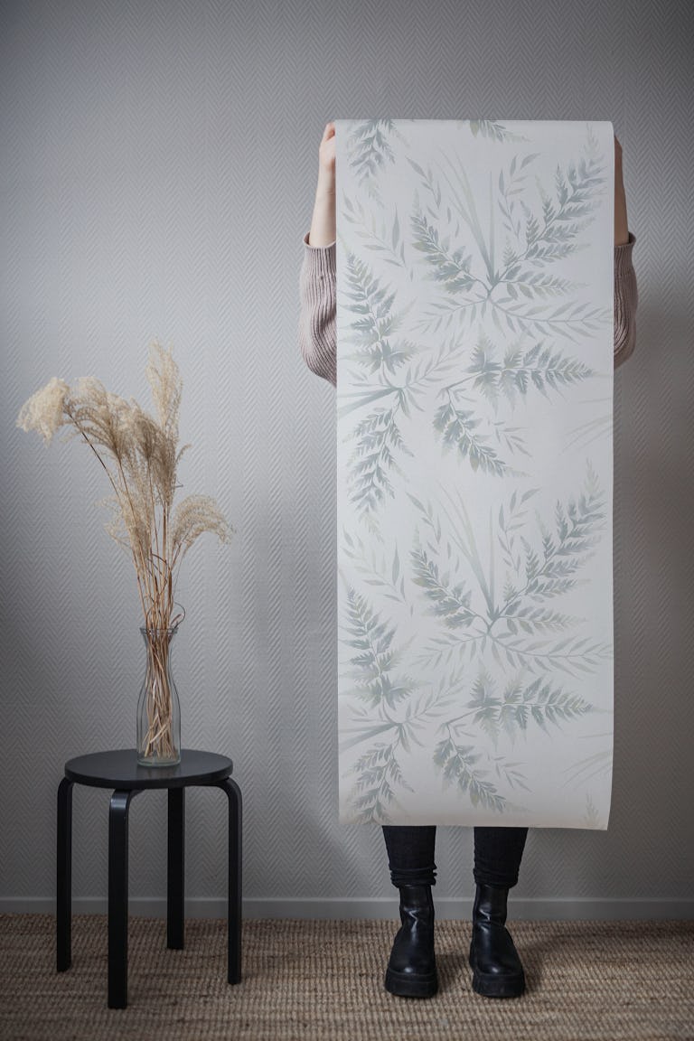 Watercolor Fern Leaves - White / Grey wallpaper roll