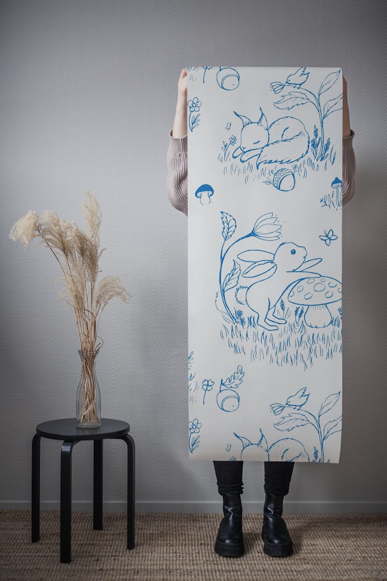 french toile woodland friends - blue on cream wallpaper roll