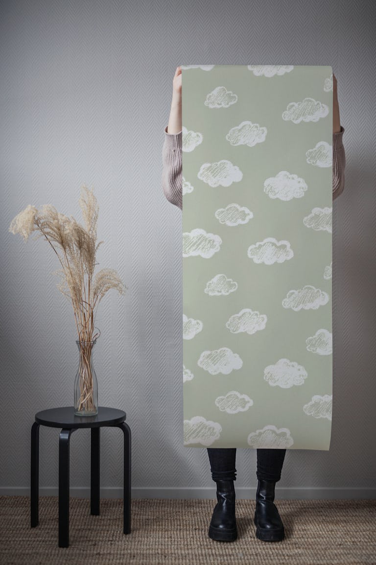Chalk Clouds Pattern On Sage Green wallpaper roll