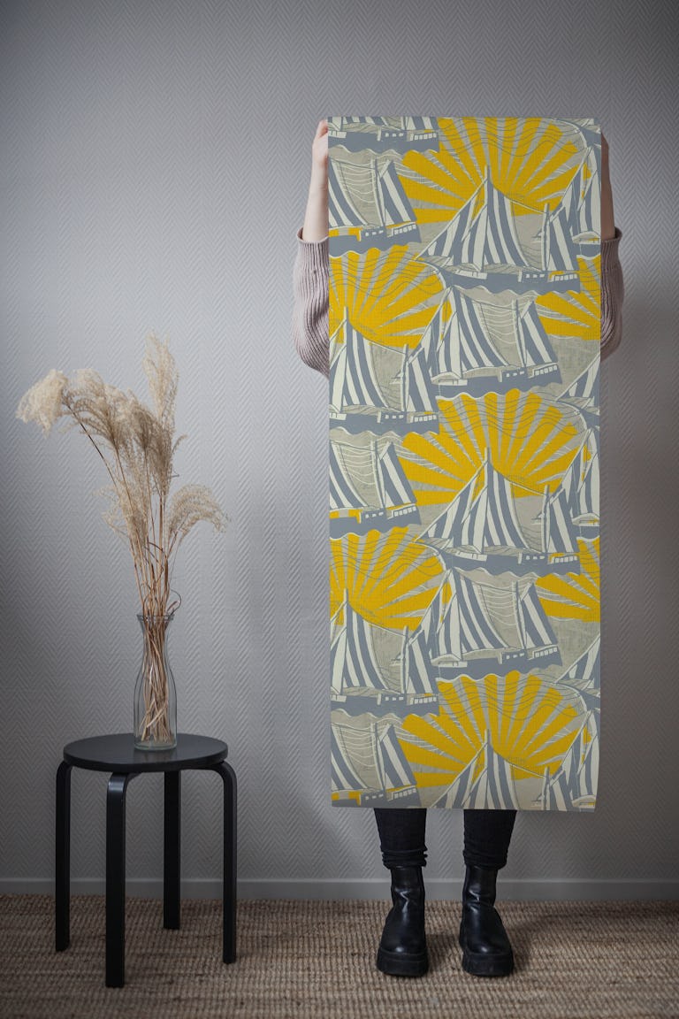 Sailboats and sun yellow grey wallpaper roll