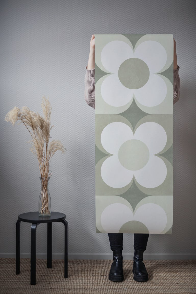 Geometric Flower Tile in Soft Sage Green wallpaper roll
