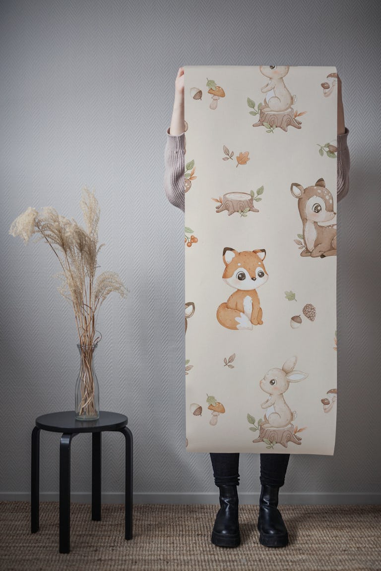 Little Woodland Friends - beige wallpaper roll