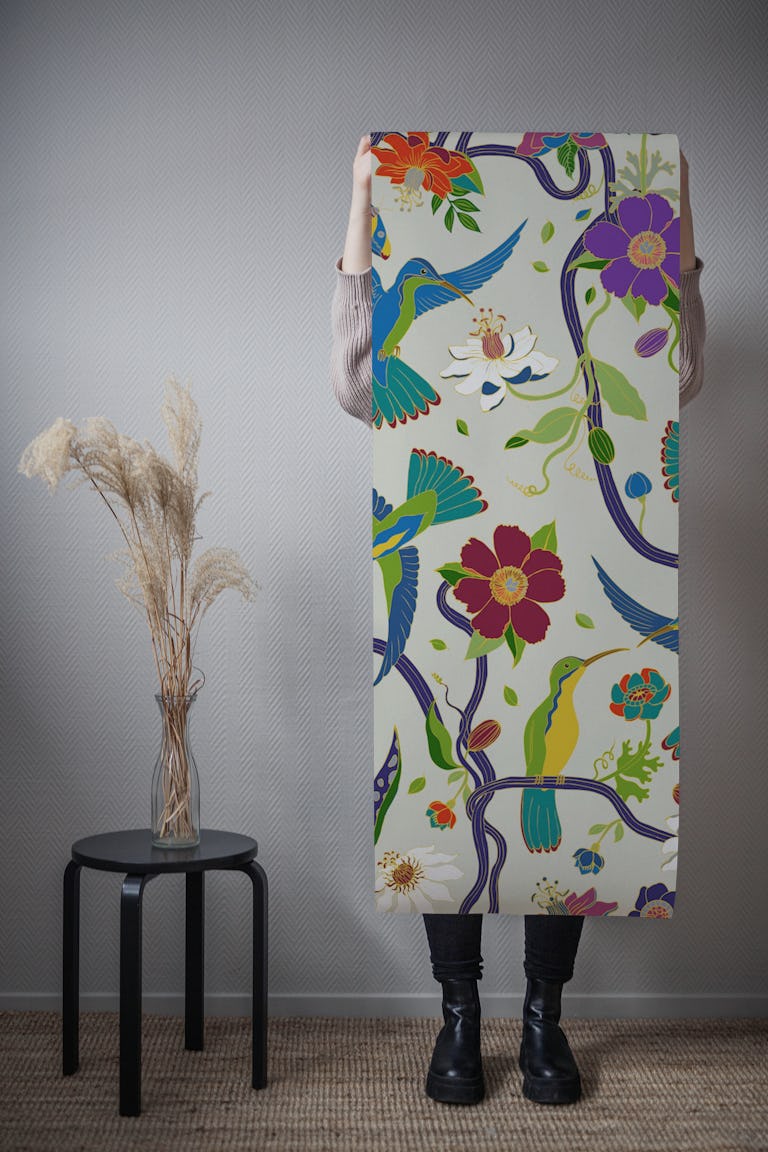Hummingbirds and Passionflowers - grey wallpaper roll