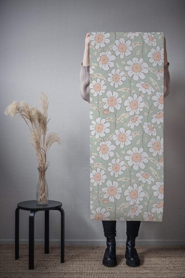 Vintage Daisy Meadow in Sage Green and Pink wallpaper roll