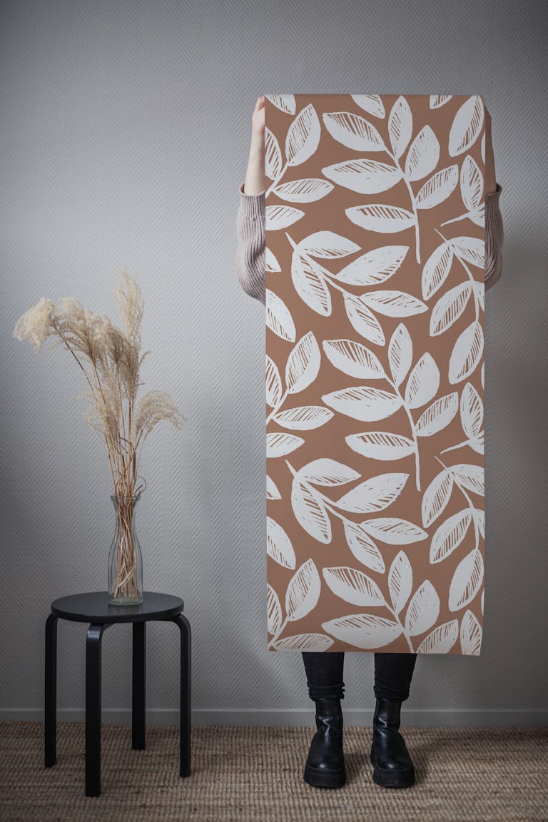 Mocha mousse painted leaves wallpaper roll