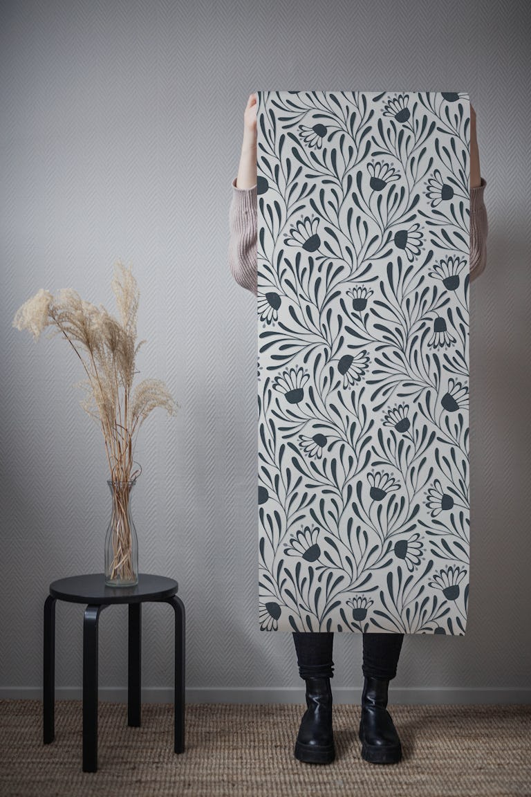 floral tangled daisies - monochrome wallpaper roll